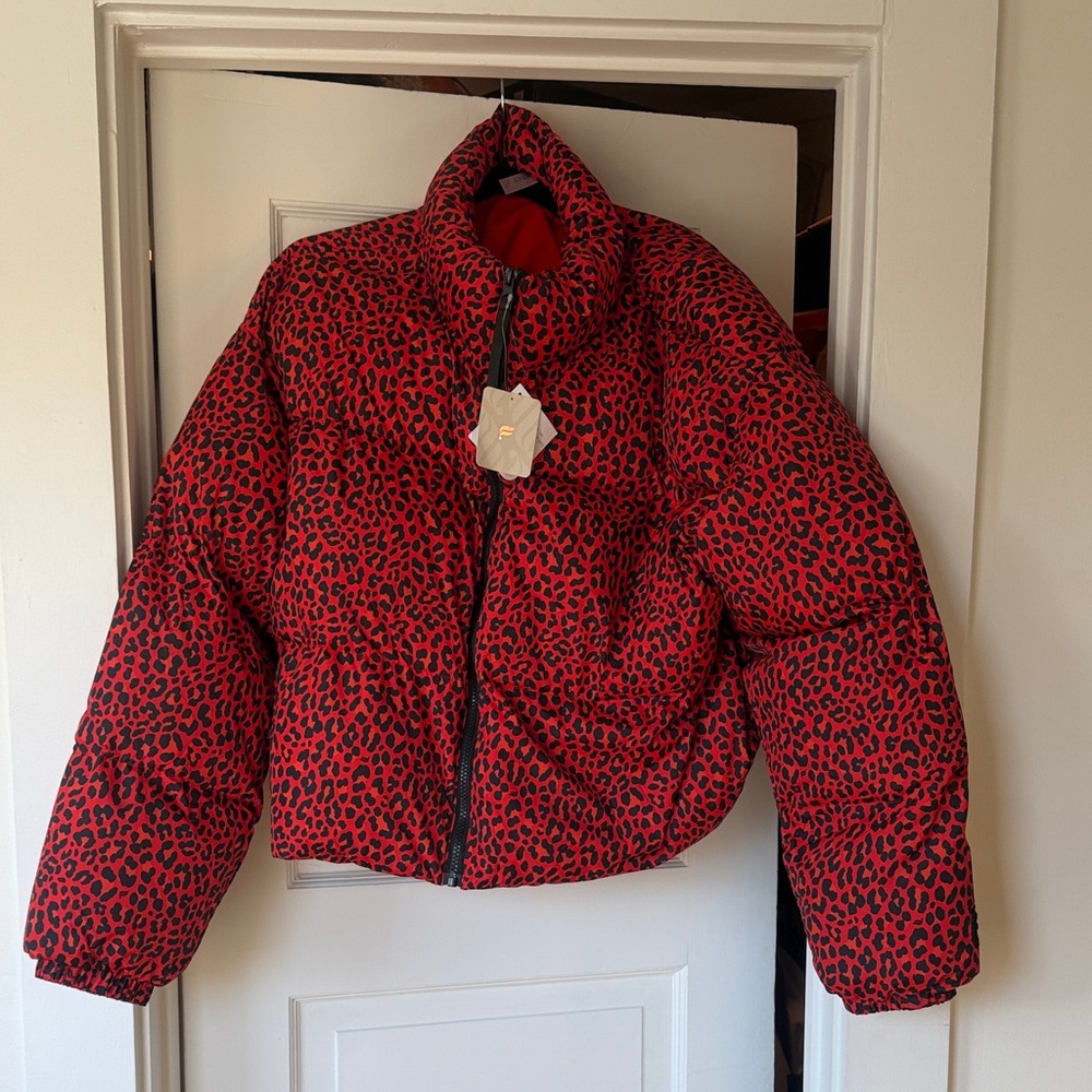 Fabletics Red and Black Leopard Print Puffer Jack… - image 1
